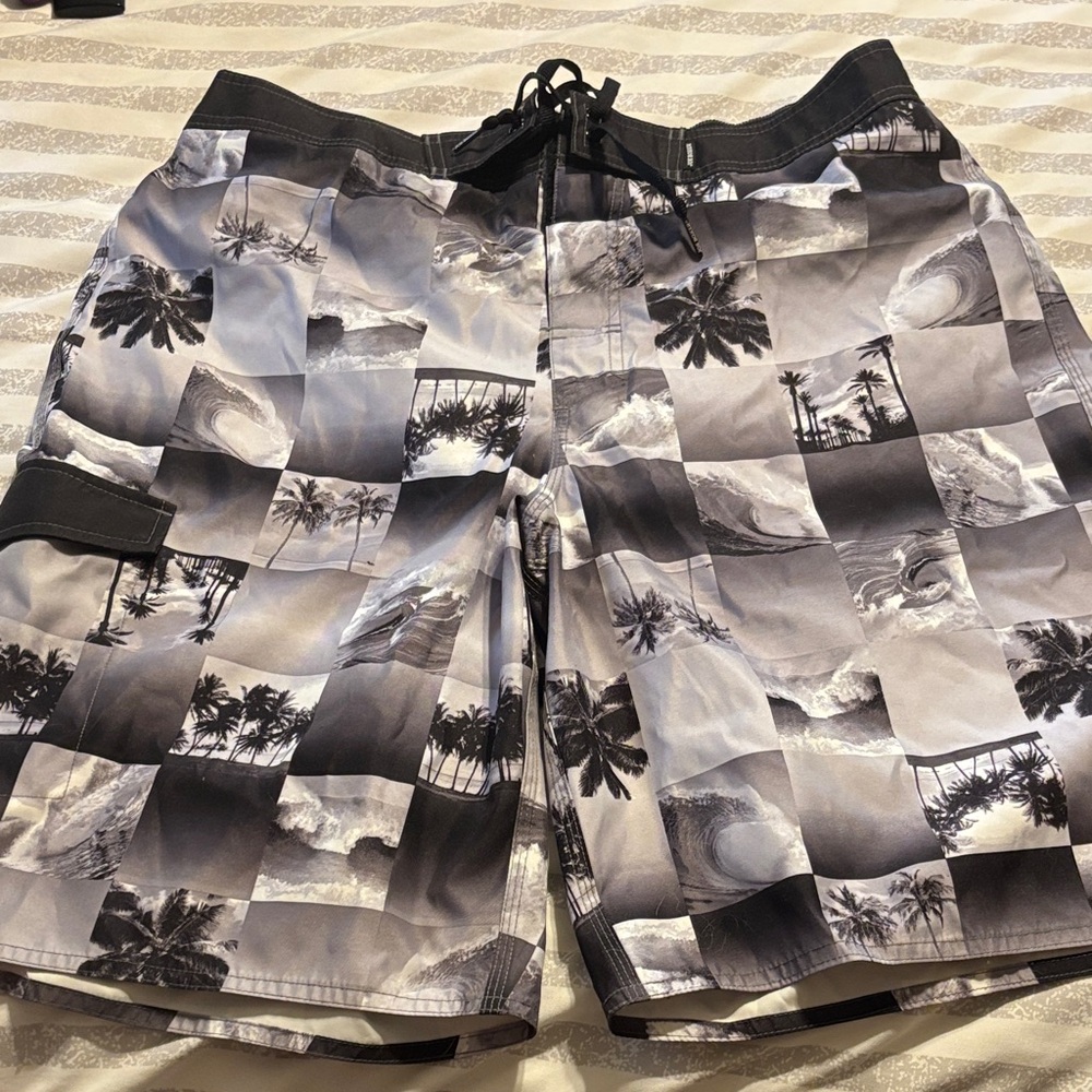 Joe Boxer Black and Gray Checkered Palm Swim Shorts